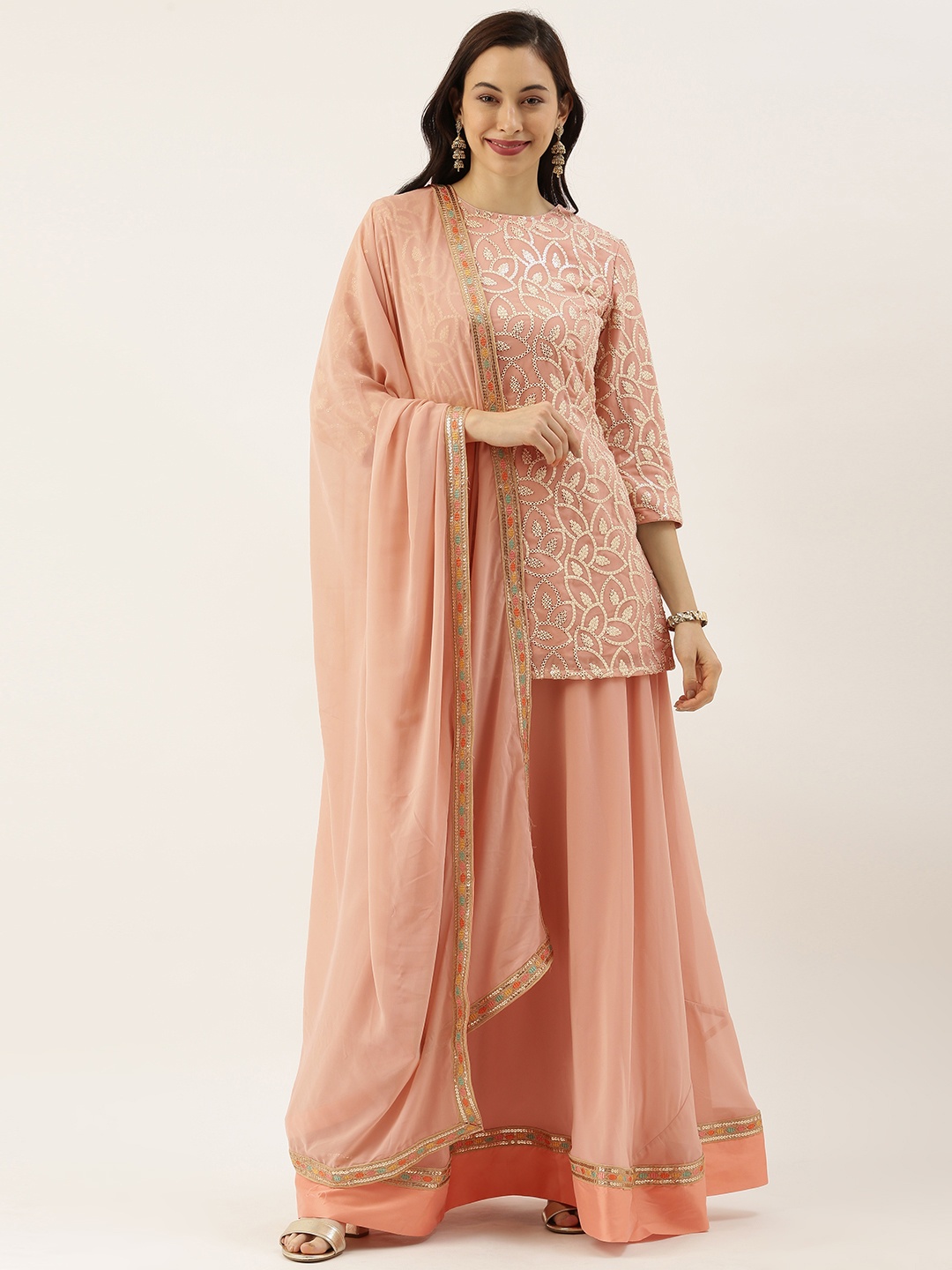 

Ethnovog Pink Embellished Made to Measure Lehenga Blouse with Dupatta
