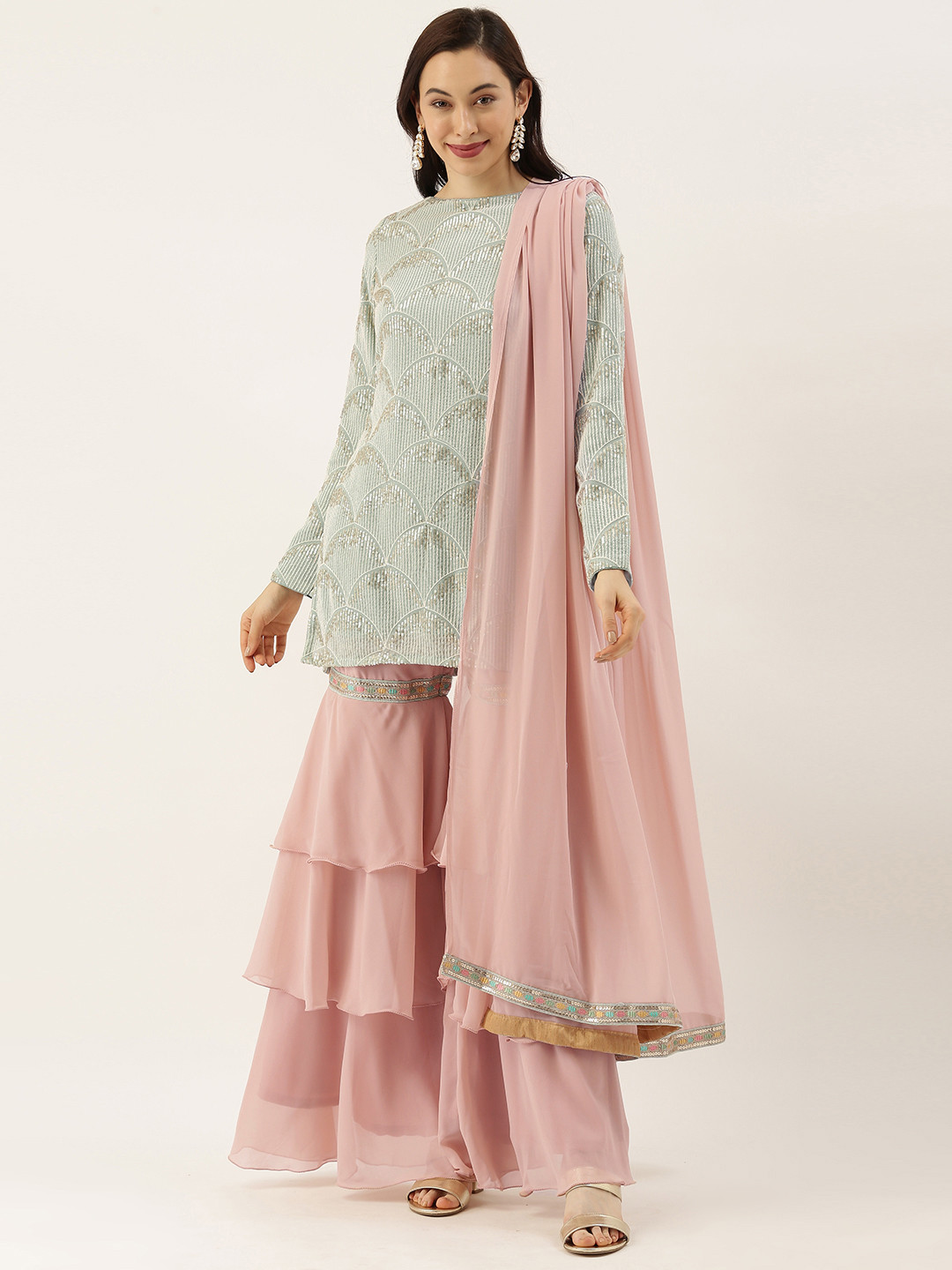 

Ethnovog Women Sea Green Pink Made To Measure Embroidered Kurti with Sharara Dupatta