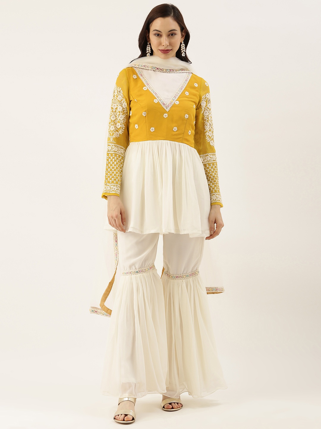 

Ethnovog Women Off-White Mustard Yellow Made To Measure Embroidered Kurta Set
