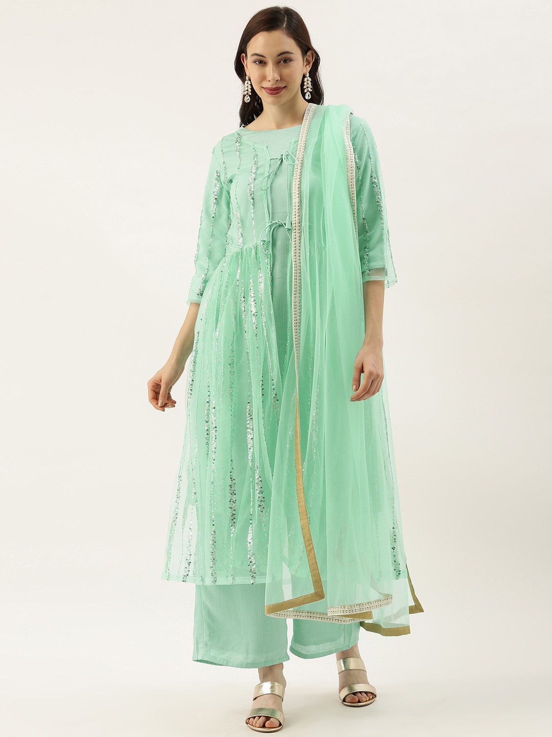 

Ethnovog Women Green Made To Measure Self-Striped Kurta Set with Ethnic Jacket