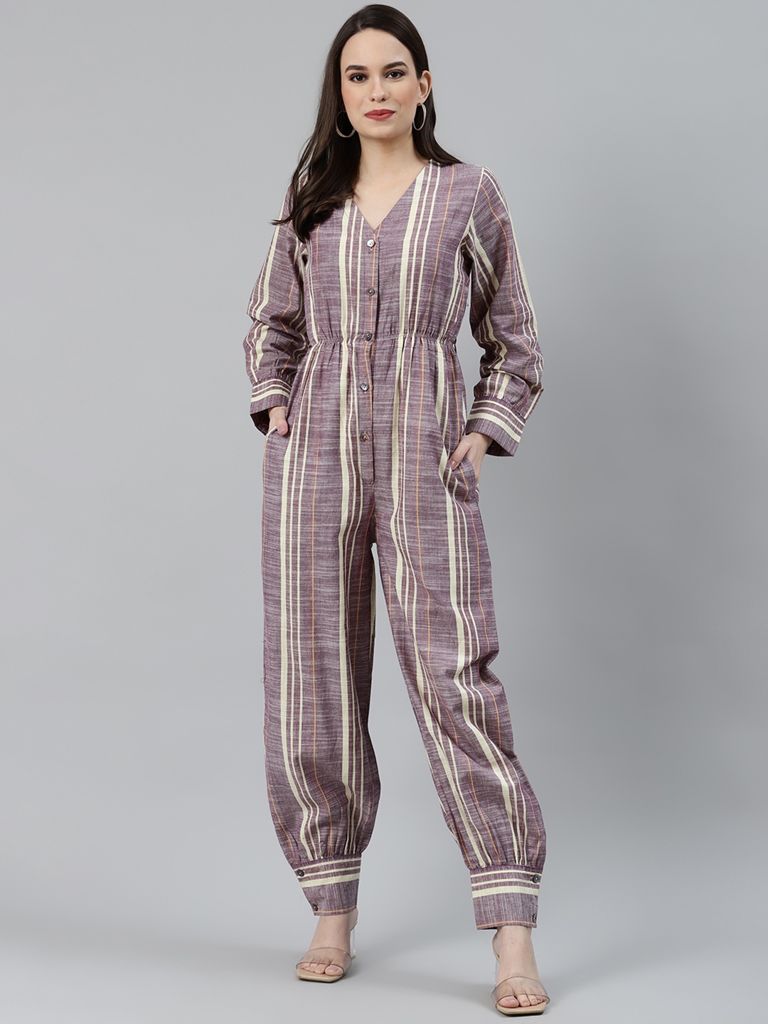 

Jompers Women Purple & Off-White Striped V-Neck Basic Jumpsuit