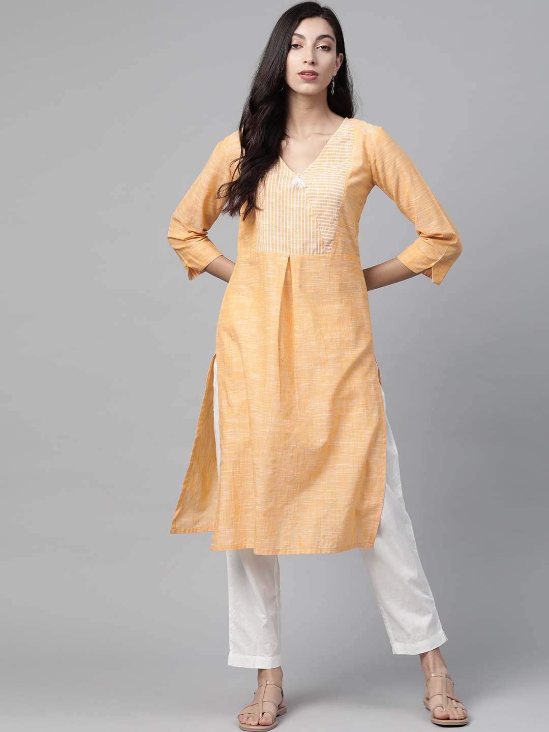 

Jompers Women Yellow Pure Cotton Striped Pleated Kurta