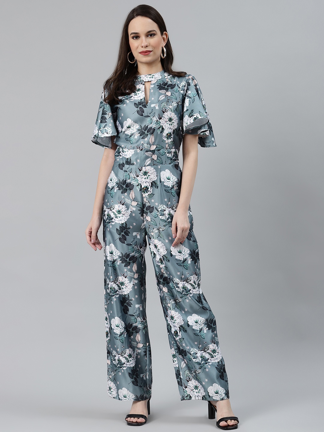 

Jompers Women Grey & Off-White Printed Keyhole Neck Flared Sleeves Basic Jumpsuit