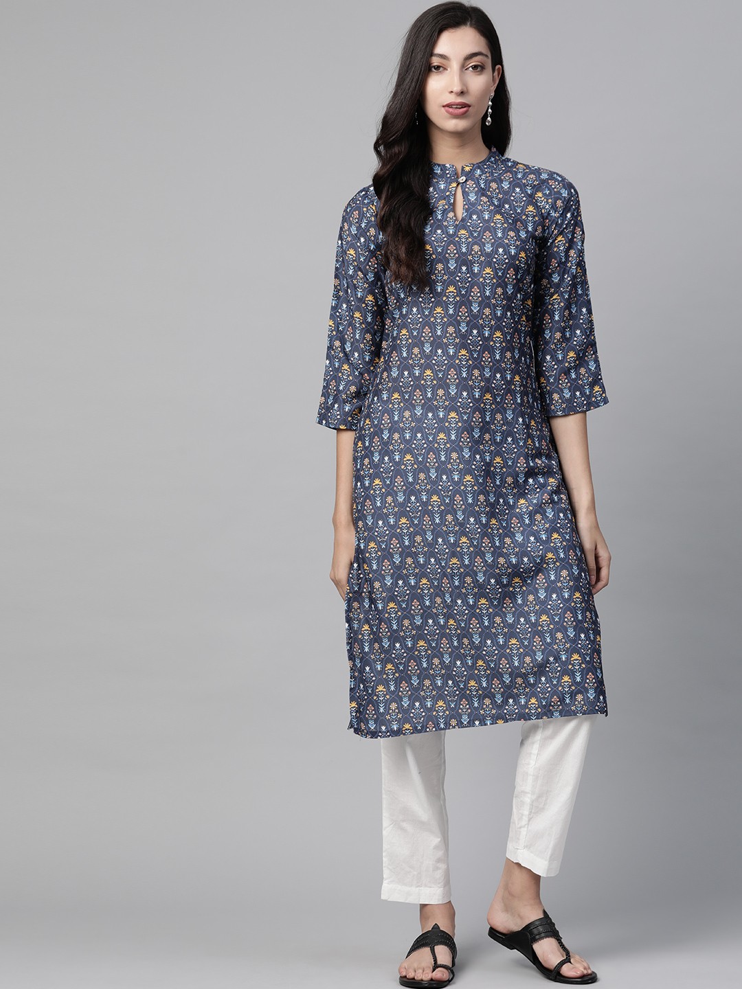 

Jompers Women Navy Blue & Mustard Ethnic Motifs Printed Keyhole Neck Indigo Kurta