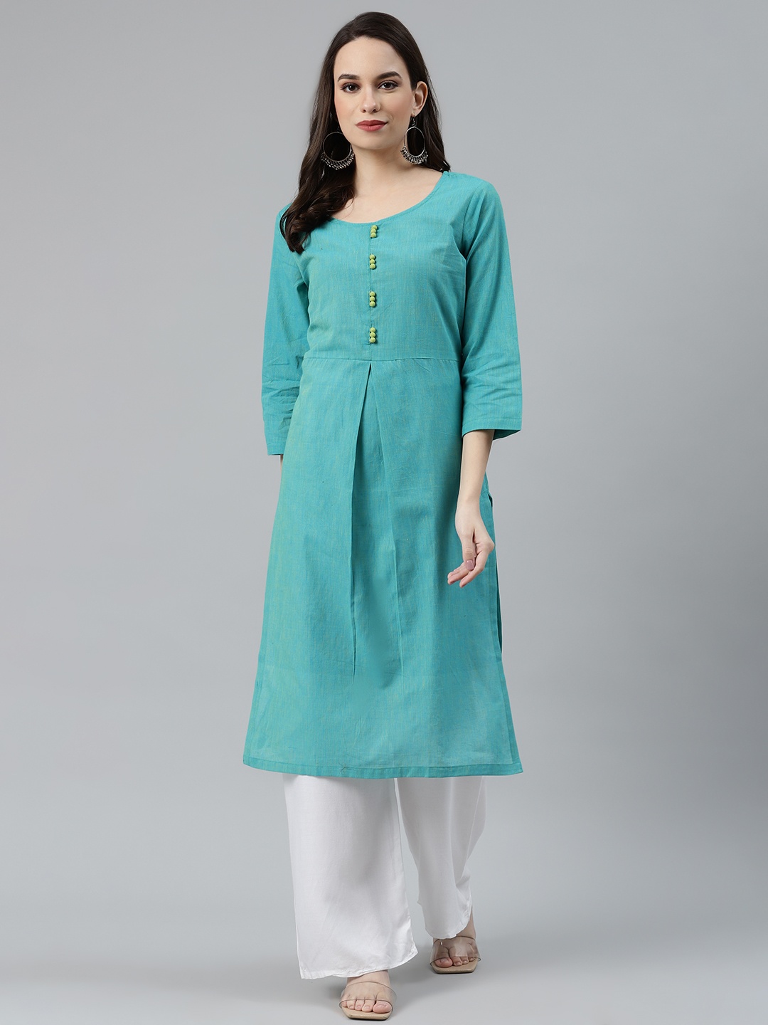 

Jompers Women Blue Woven Design Pure Cotton Pleated Straight Kurta, Sea green