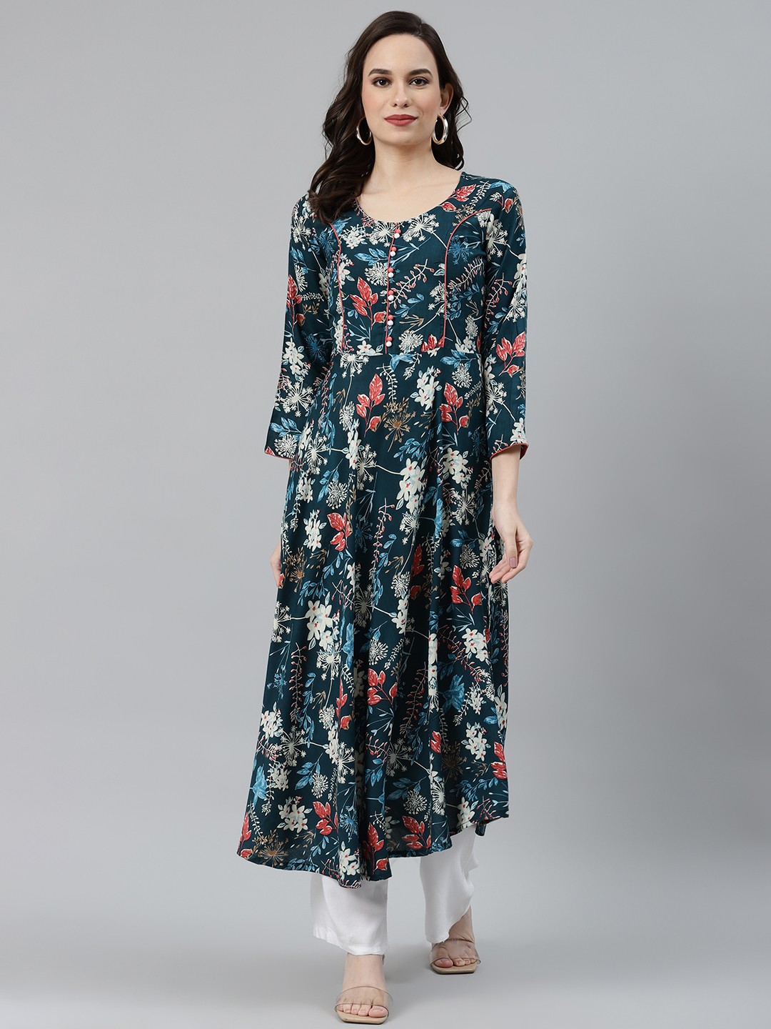 

Jompers Women Teal Blue & Off White Ethnic Motifs Printed Anarkali Kurta