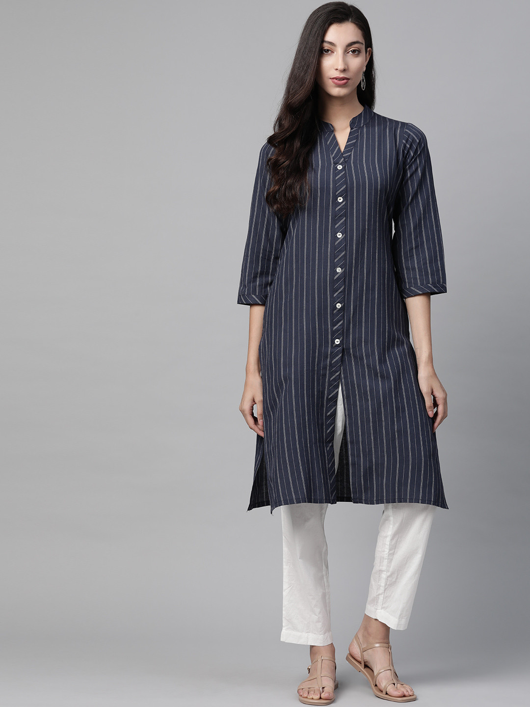 

Jompers Women Navy Blue & White Striped Indigo Fusion Kurta