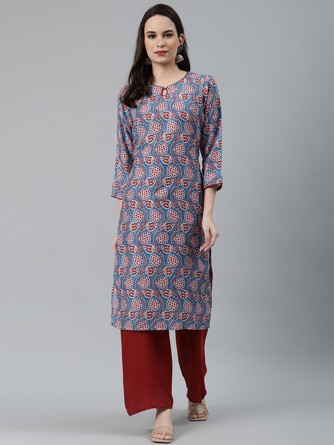 

Jompers Women Blue & Red Ethnic Motifs Printed Keyhole Neck Kurta