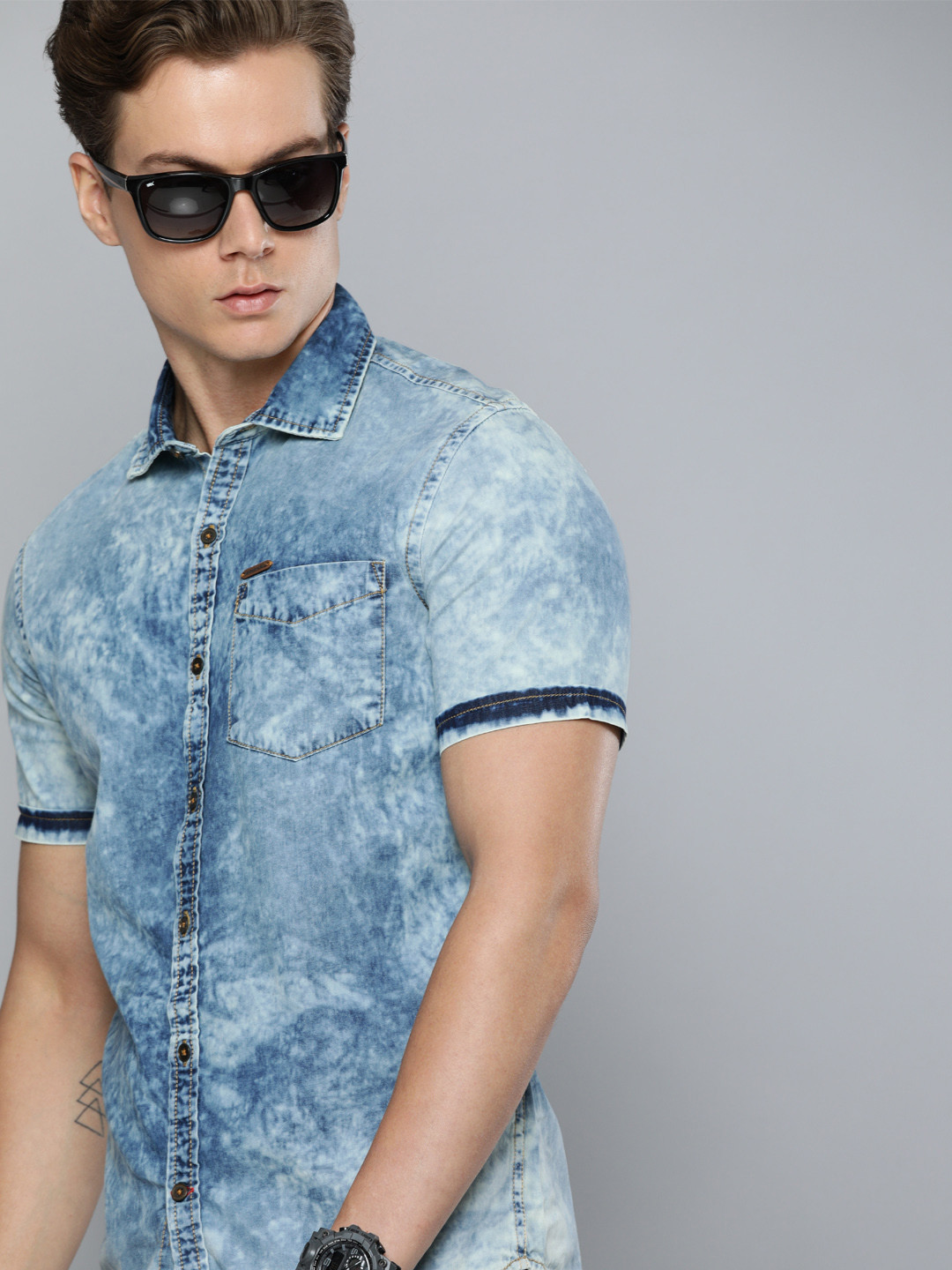 

American Bull Men Blue Slim Fit Faded Casual Shirt