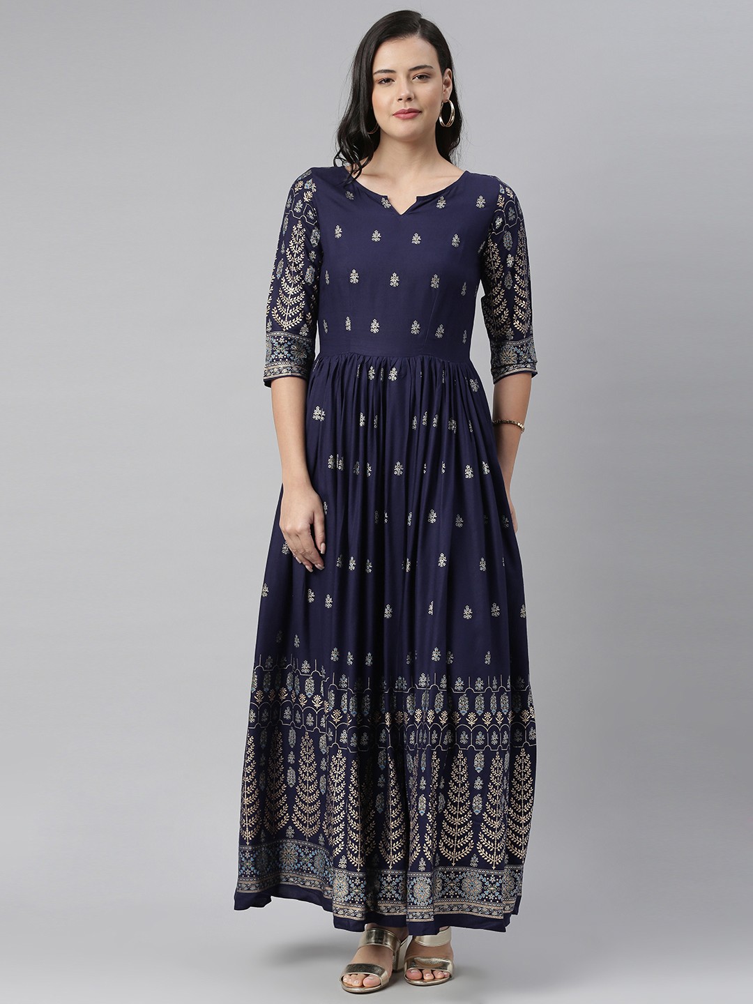 

Swishchick Women Navy Blue & Golden Foil Printed Gathered Fit and Flare Dress