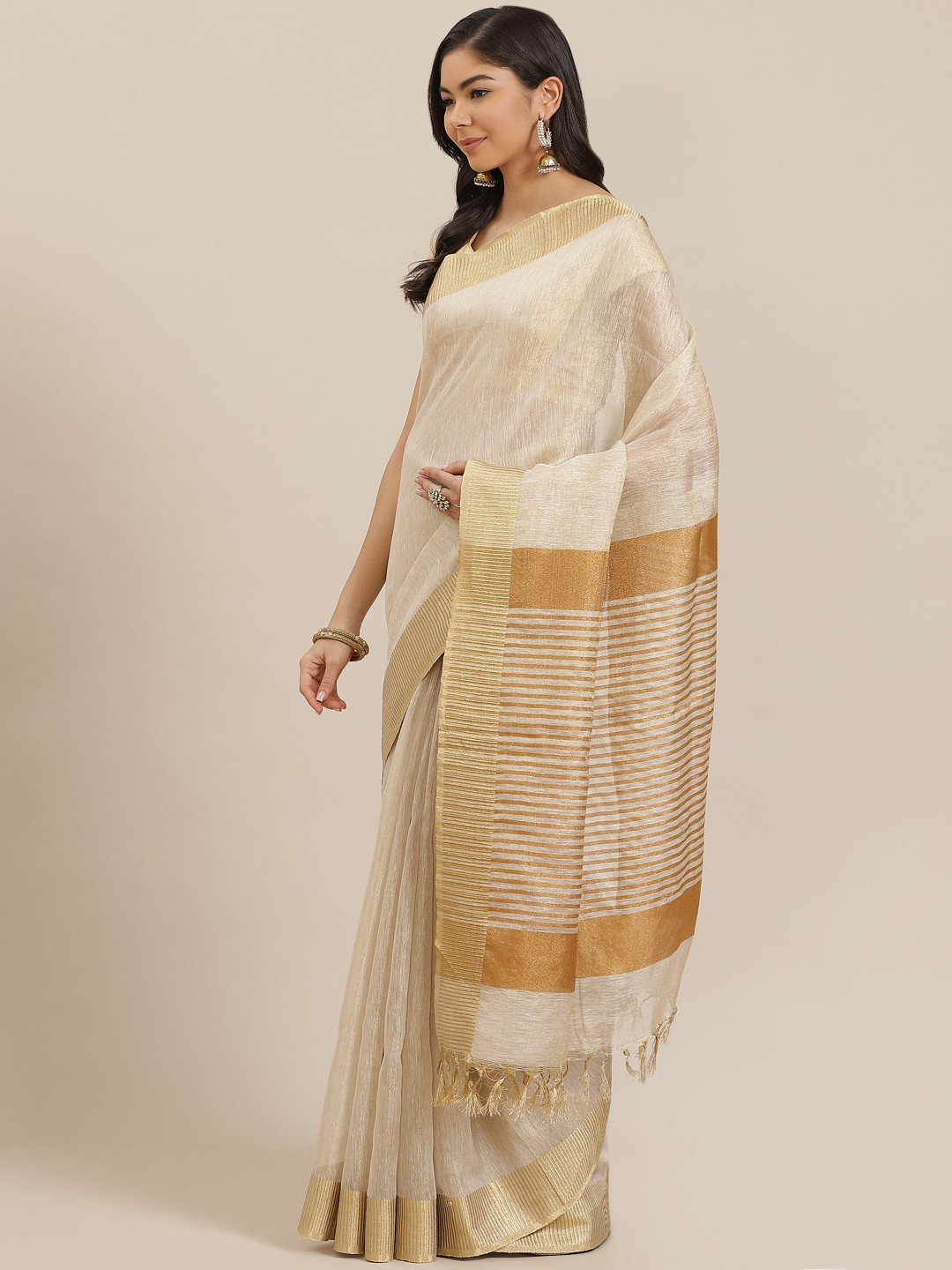 

swatika Cream-Coloured Pure Linen Solid Bhagalpuri Handloom Saree