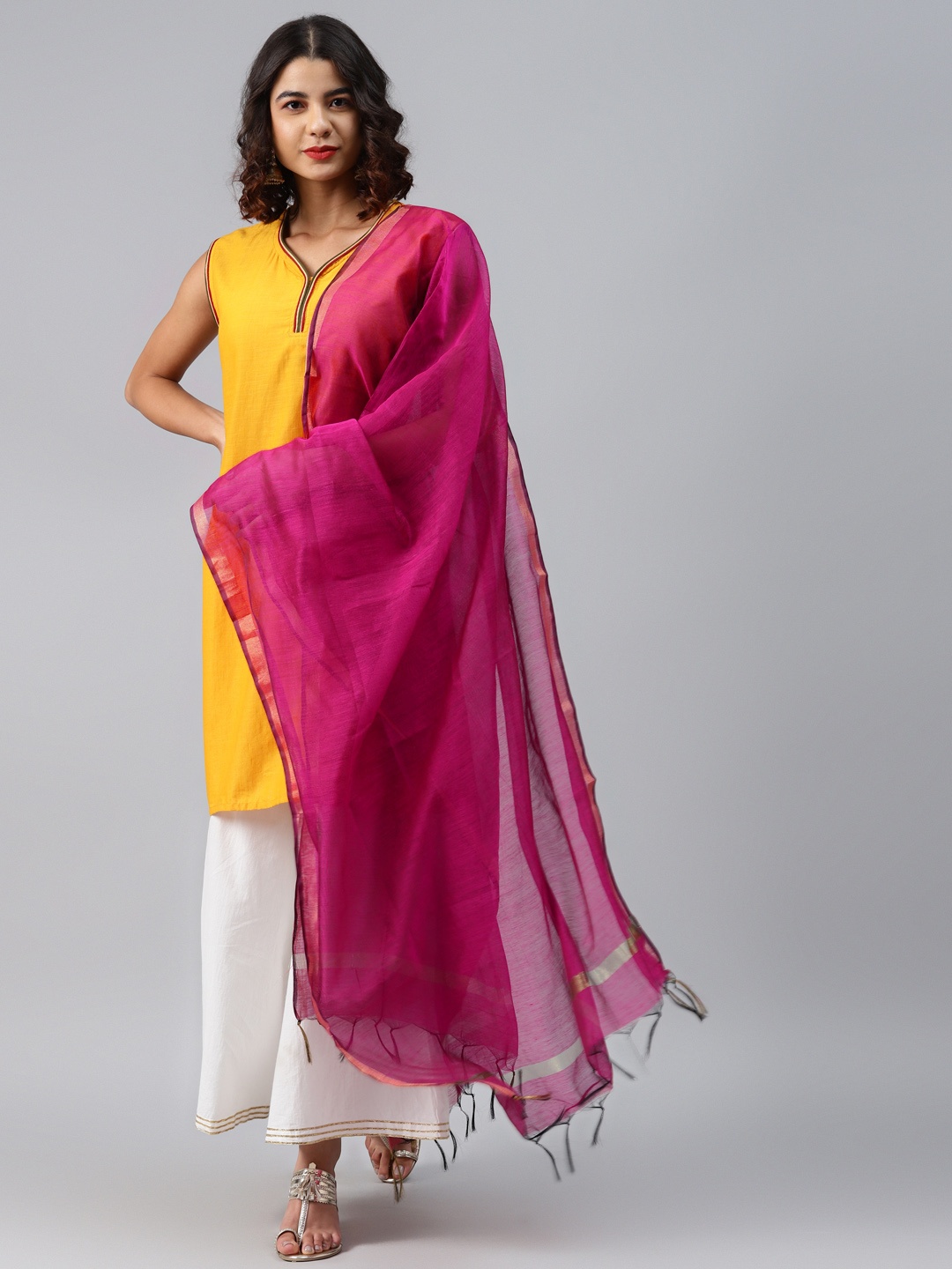 

swatika Pink & Silver Bhagalpuri Zari Woven Design Dupatta