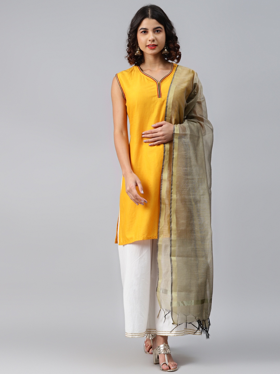 swatika Taupe & Golden Bhagalpuri Handloom Woven Design Zari Dupatta