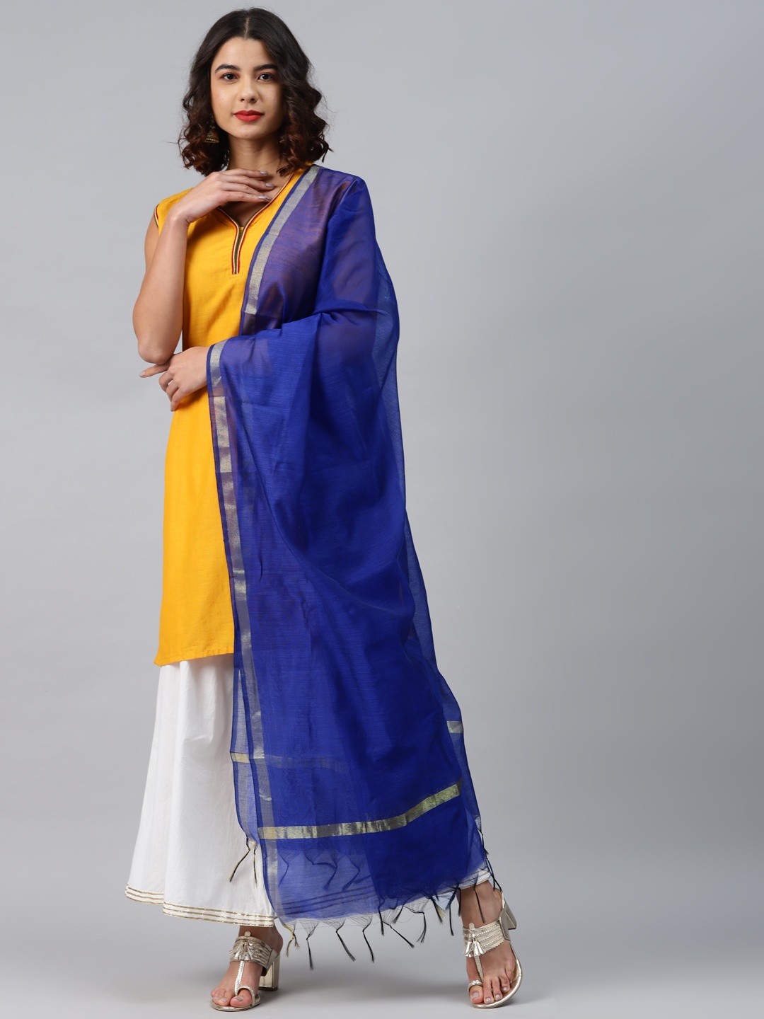 

swatika Blue & Silver Bhagalpuri Handloom Woven Design Zari Dupatta