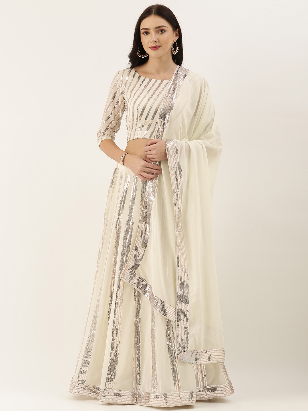 

LOOKNBOOK ART Off-White & Silver-Toned Embellished Semi-Stitched Lehenga & Unstitched Blouse with Dupatta