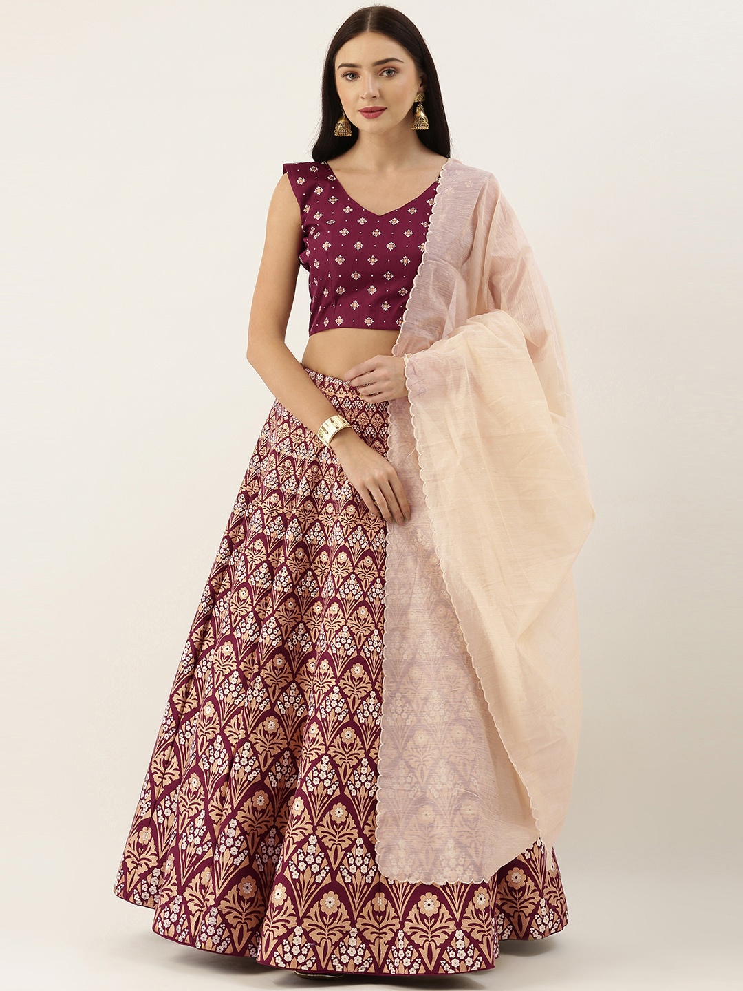 

LOOKNBOOK ART Purple & Gold-Toned Printed Unstitched Lehenga & Blouse with Dupatta