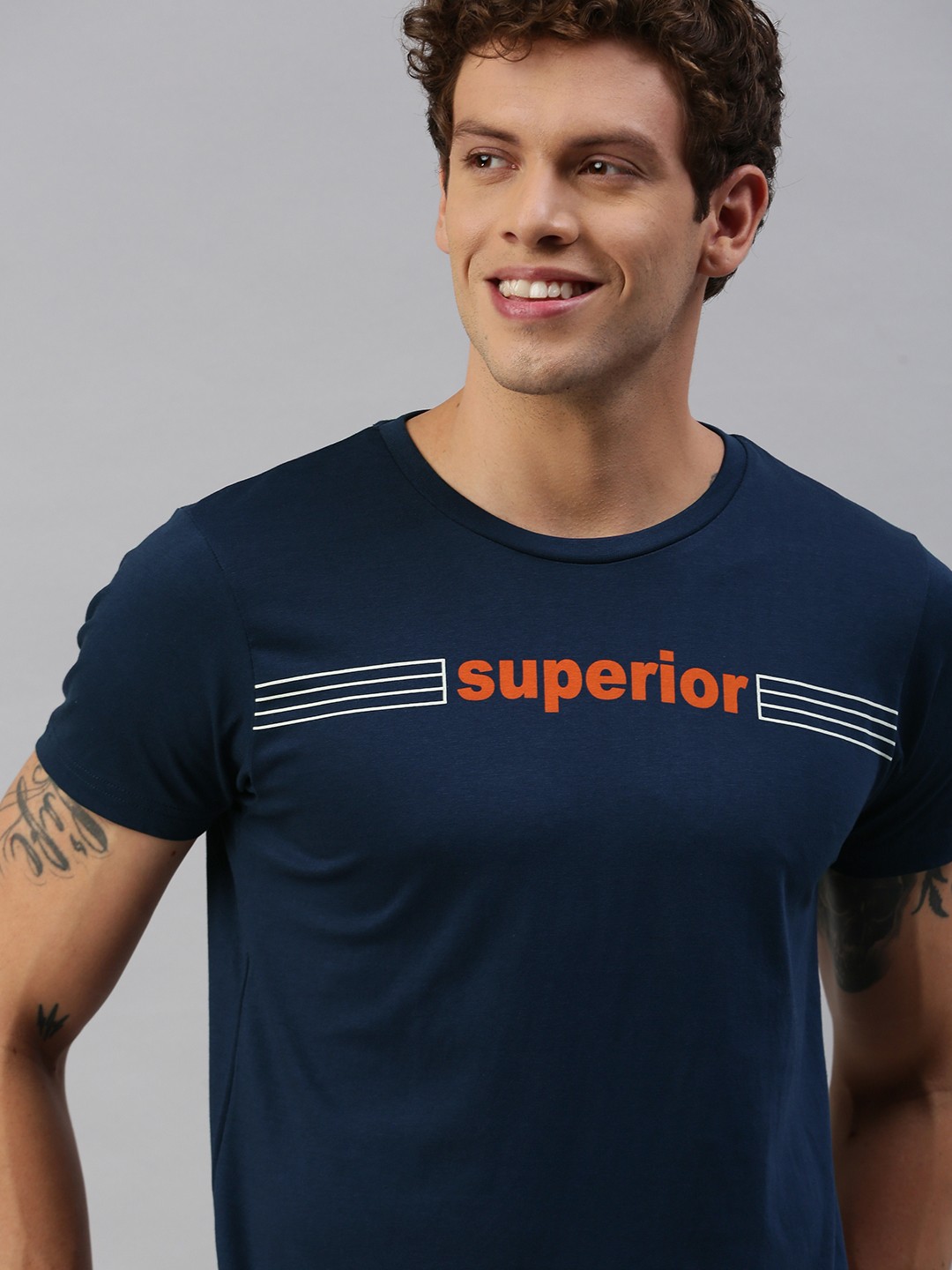 

HERENOW Men Navy Blue Printed Round Neck Pure Cotton T-shirt