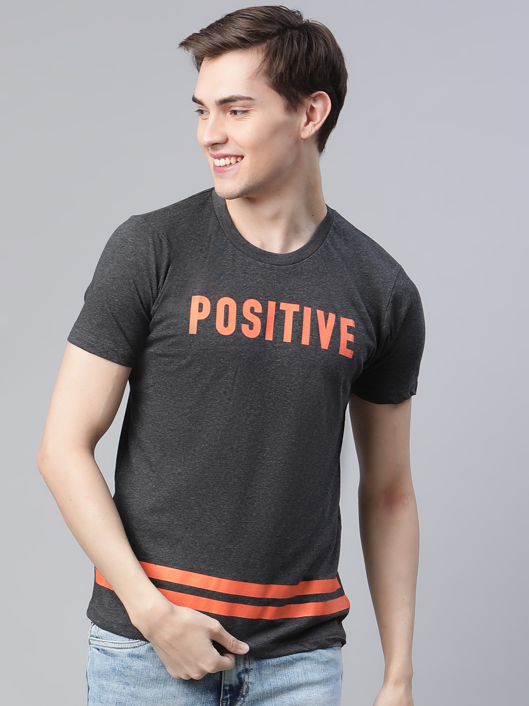 

HERENOW Men Charcoal Grey Orange Cotton Printed Round Neck Pure Cotton T-shirt