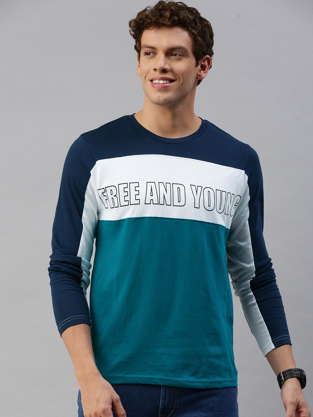 

HERENOW Men Teal Blue White Colourblocked Round Neck Pure Cotton T-shirt