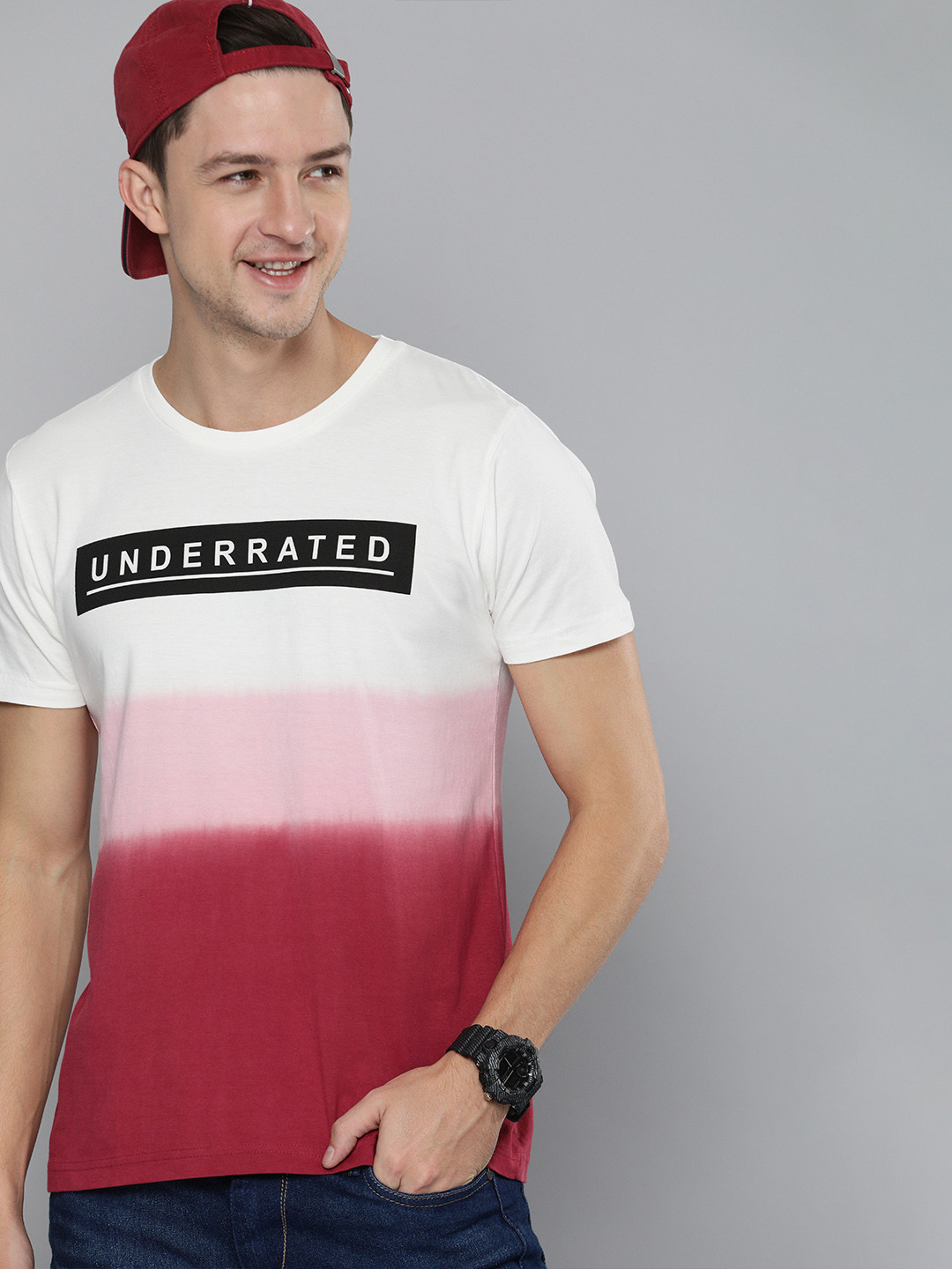 

HERE&NOW Men White & Pink Colourblocked T-shirt
