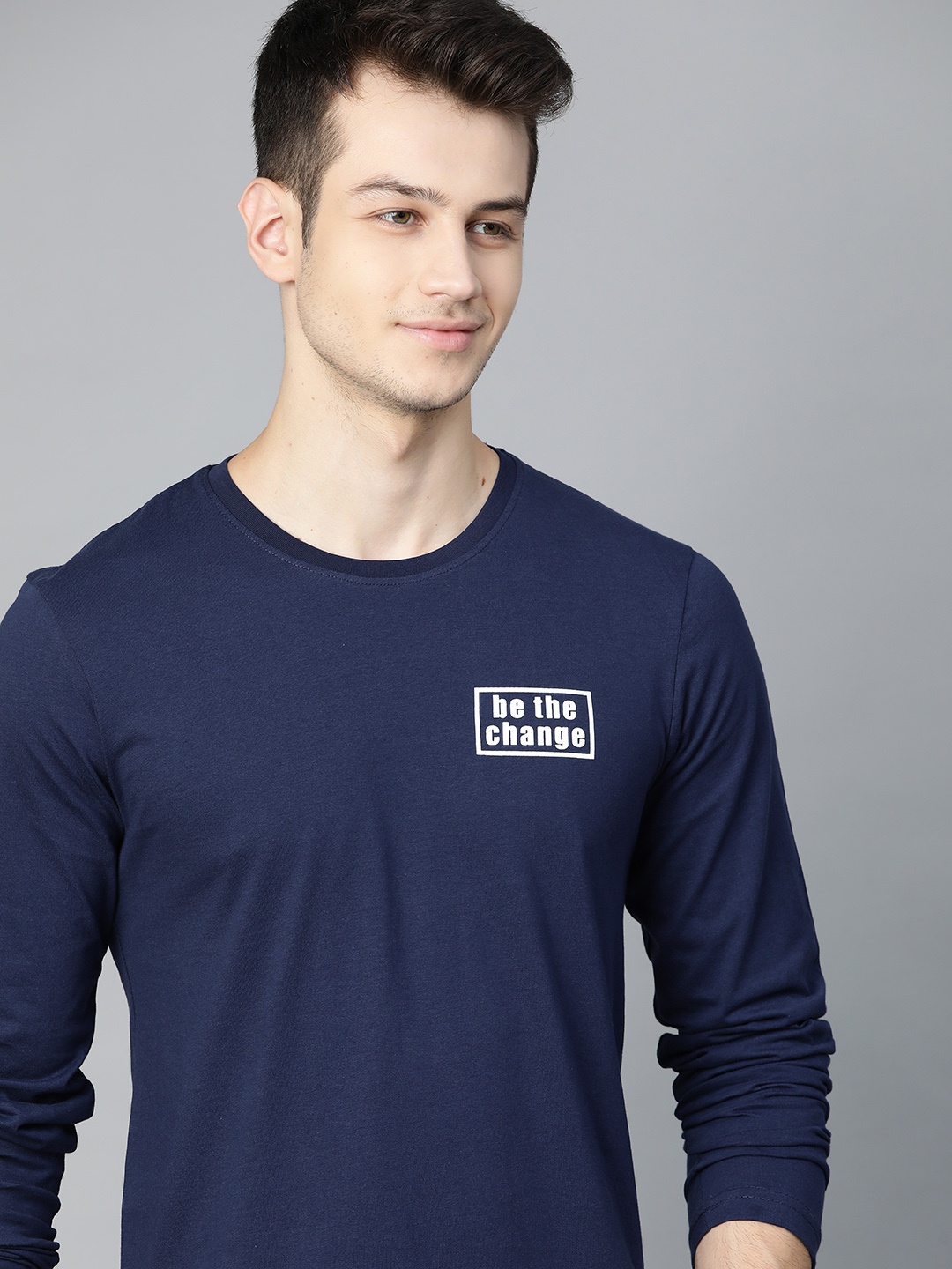 

HERENOW Men Navy Blue Printed Detail Pure Cotton T-shirt