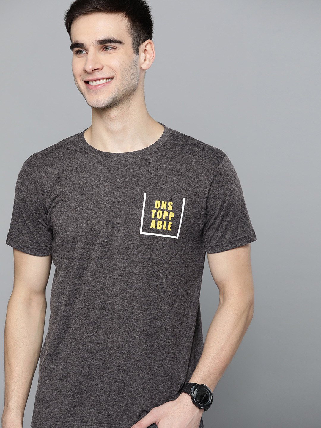 

HERE&NOW Men Charcoal Grey Solid T-shirt