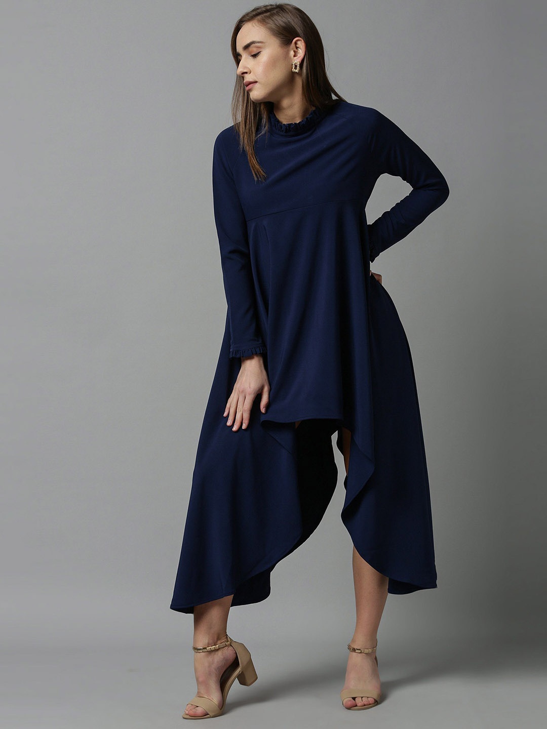 

Rareism Navy Blue High Neck Maxi Longline Top