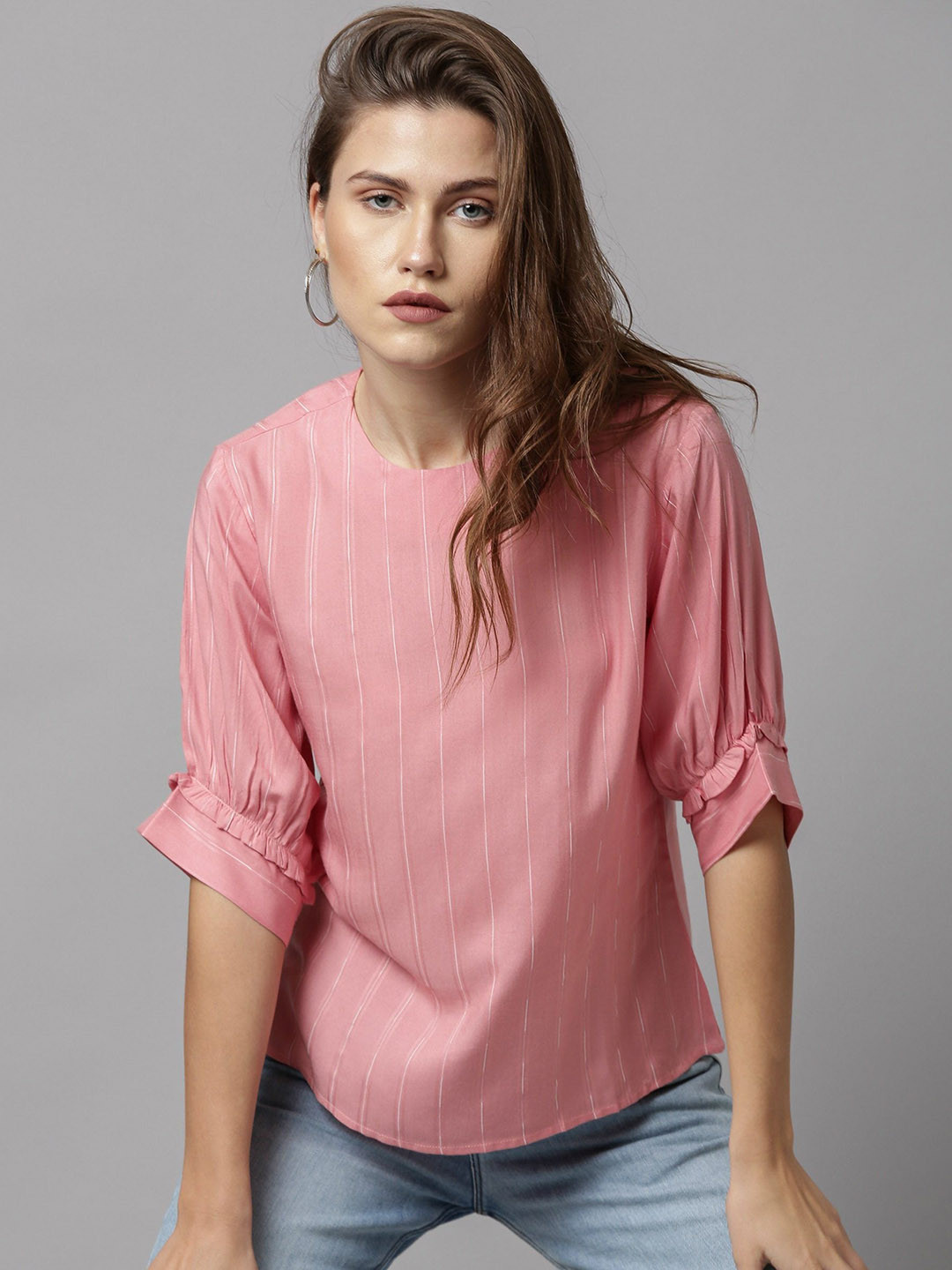 

Rareism Women Pink & White Striped Puff Sleeves Regular Top