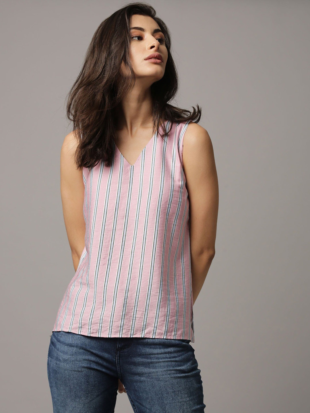 

Rareism Pink & Blue Striped Regular Top