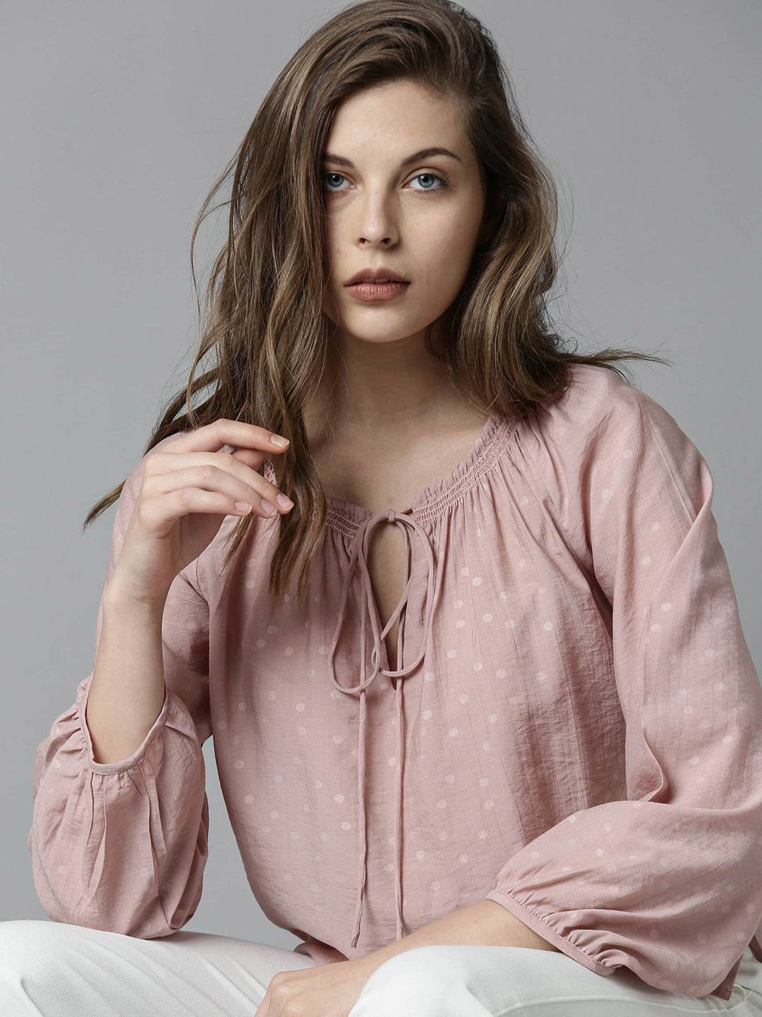 

Rareism Pink Tie-up Neck Regular Top