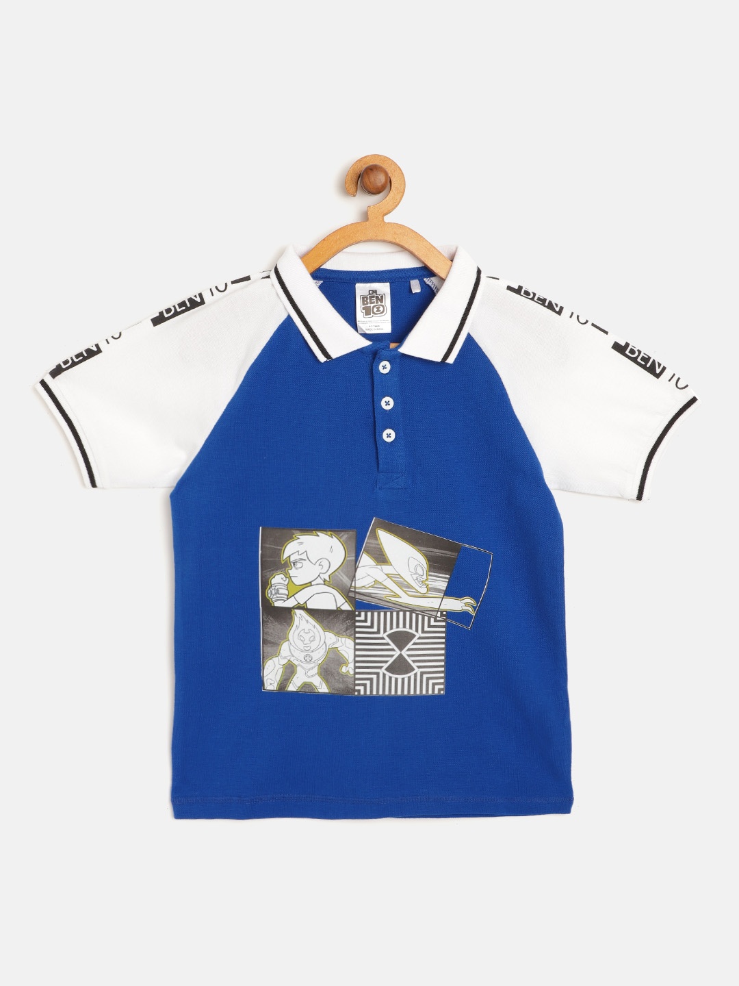 

toothless Boys Blue White Ben 10 Print Pure Cotton Polo Collar Pure Cotton T-shirt