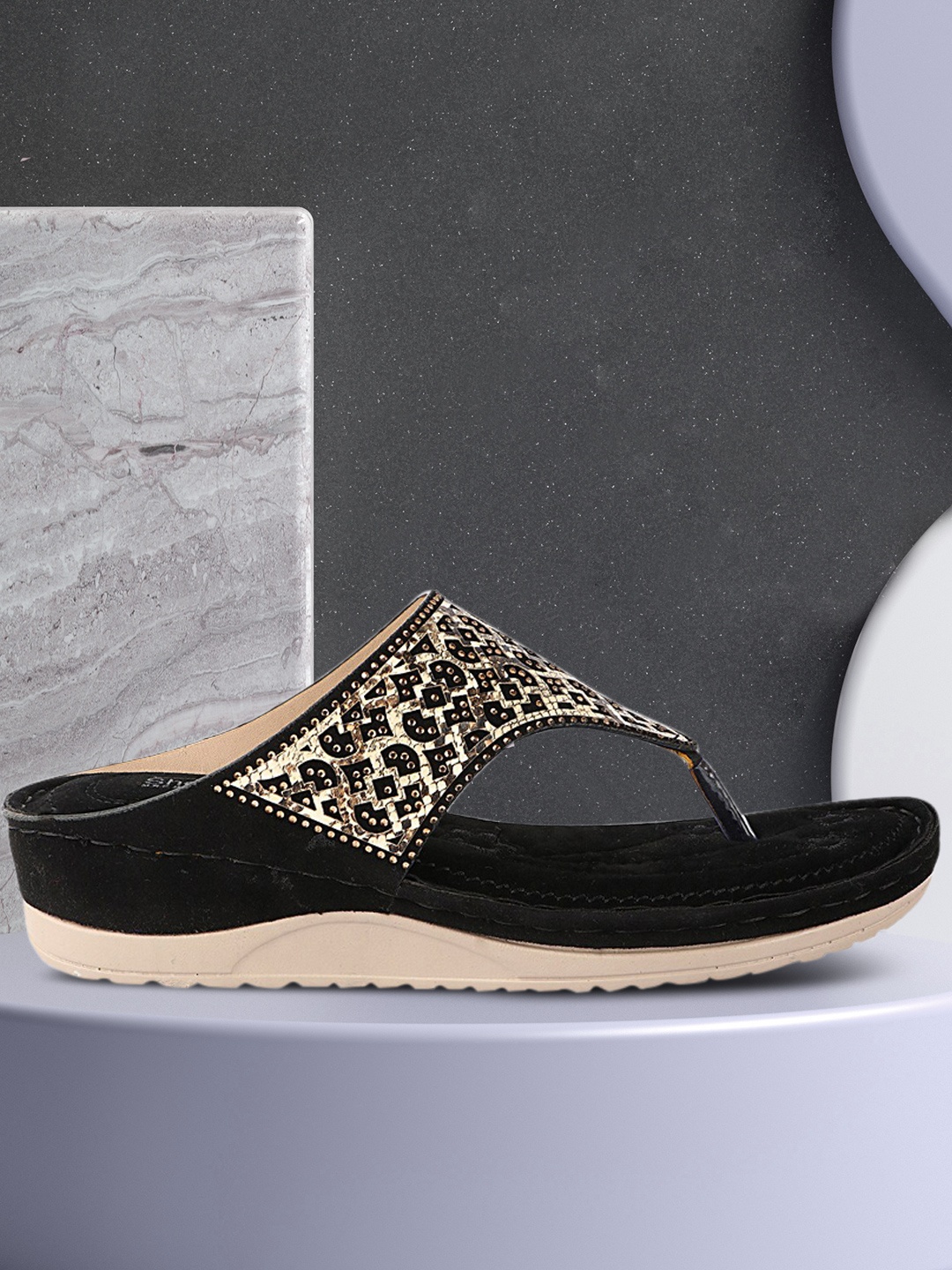 

Shoetopia Women Black & Gold-Toned Embellished Heels