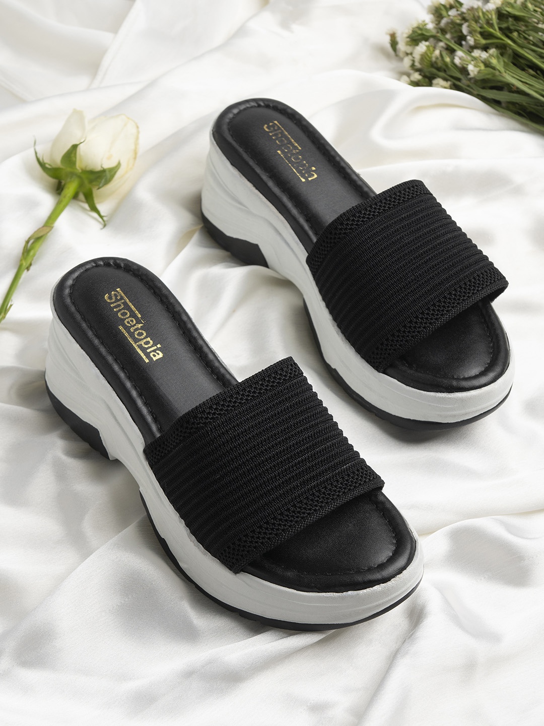 

Shoetopia Women Black Striped Sandals