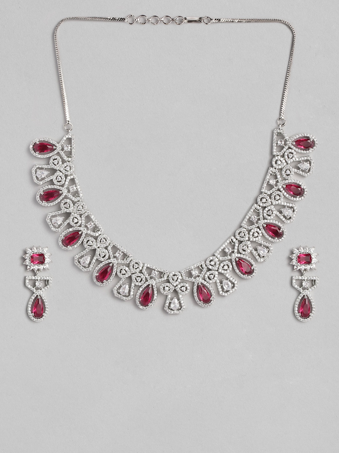 

justpeachy Red & White Rhodium Plated AD Studded Jewellery Set