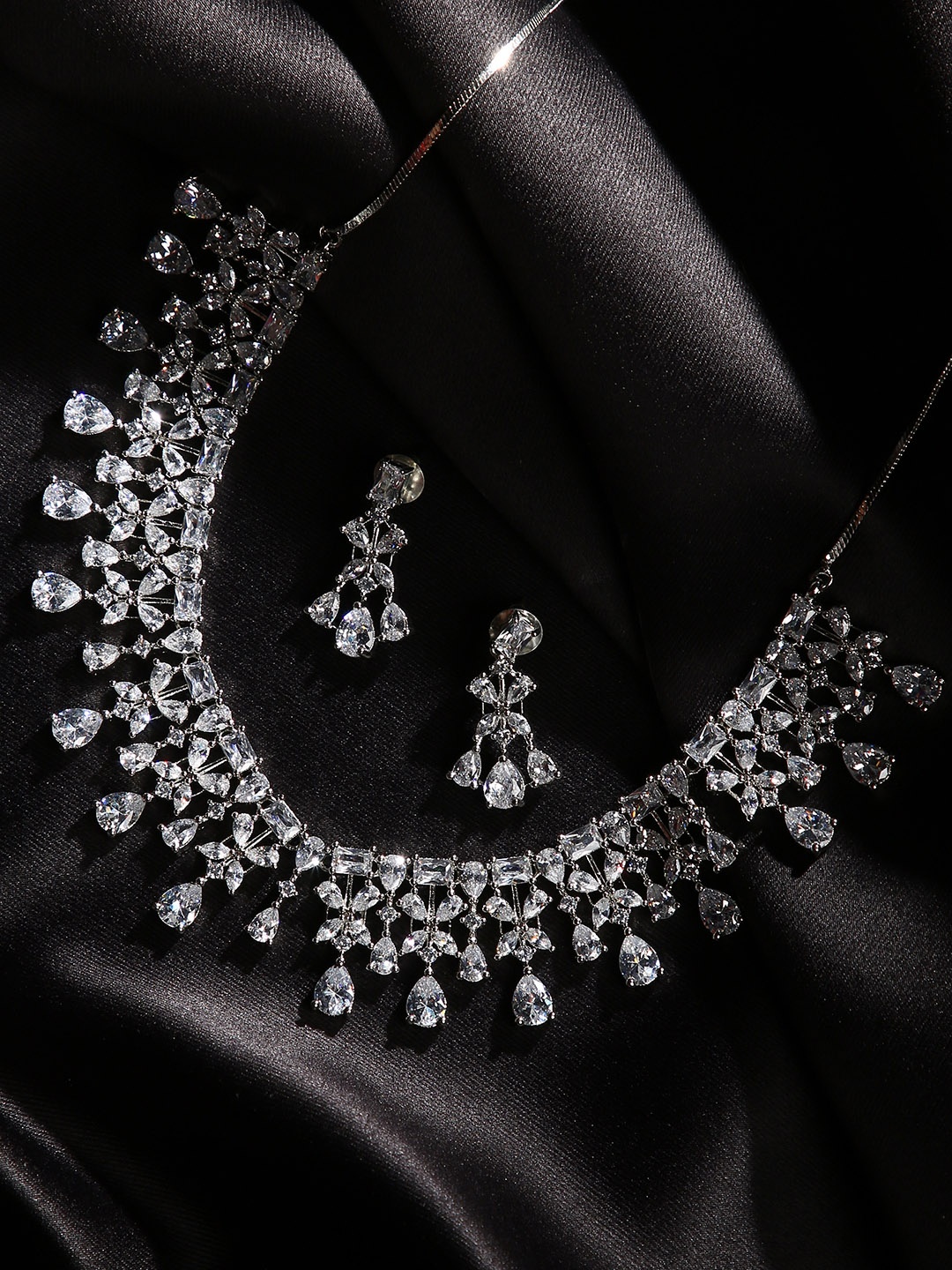 

justpeachy Silver Rhodium Plated AD Studded Jewellery Set