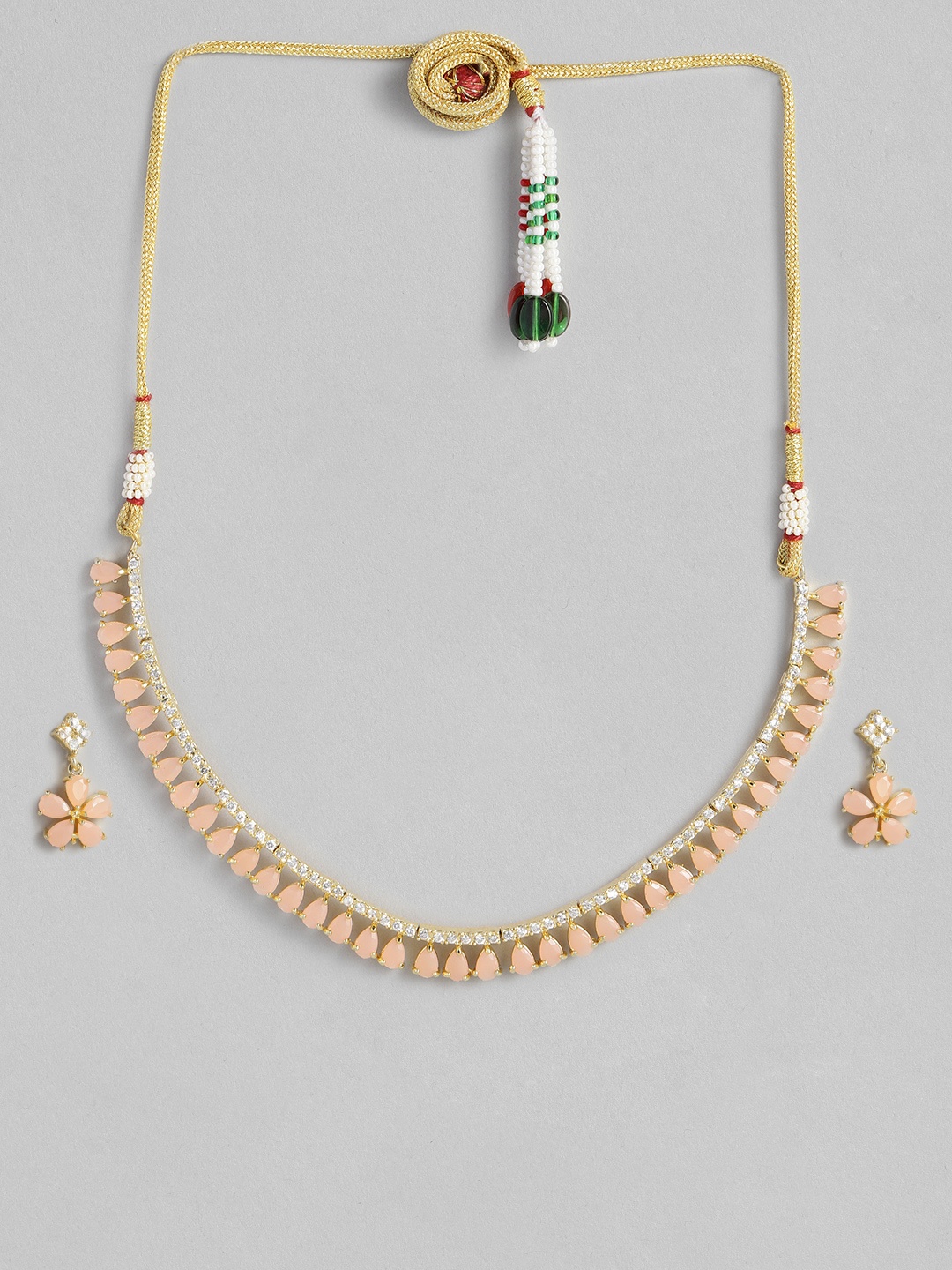 

Justpeachy Peach & White Gold-Plated American Diamond Studded Jewellery Set