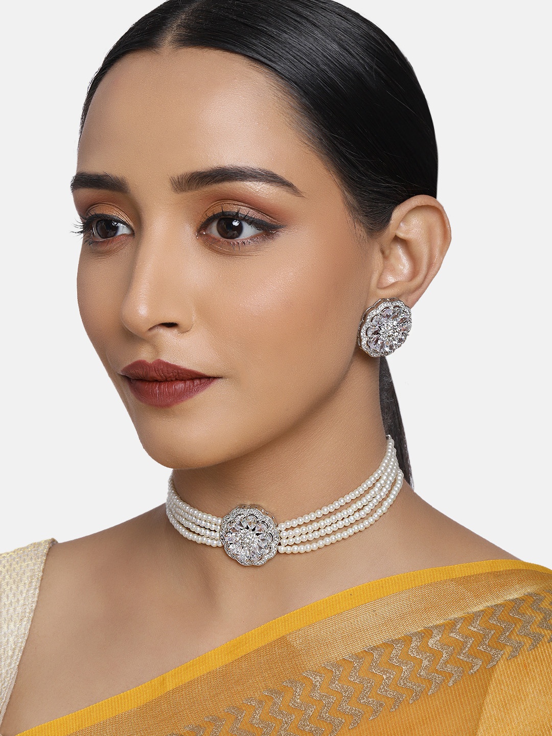 

justpeachy Women White Rhodium-Plated AD Studded Jewellery Set