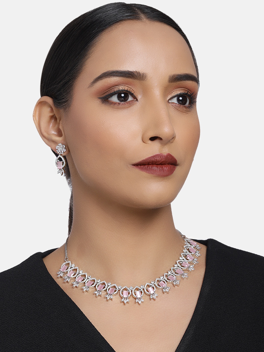 

Justpeachy Pink and White American Diamond Jewellery Set