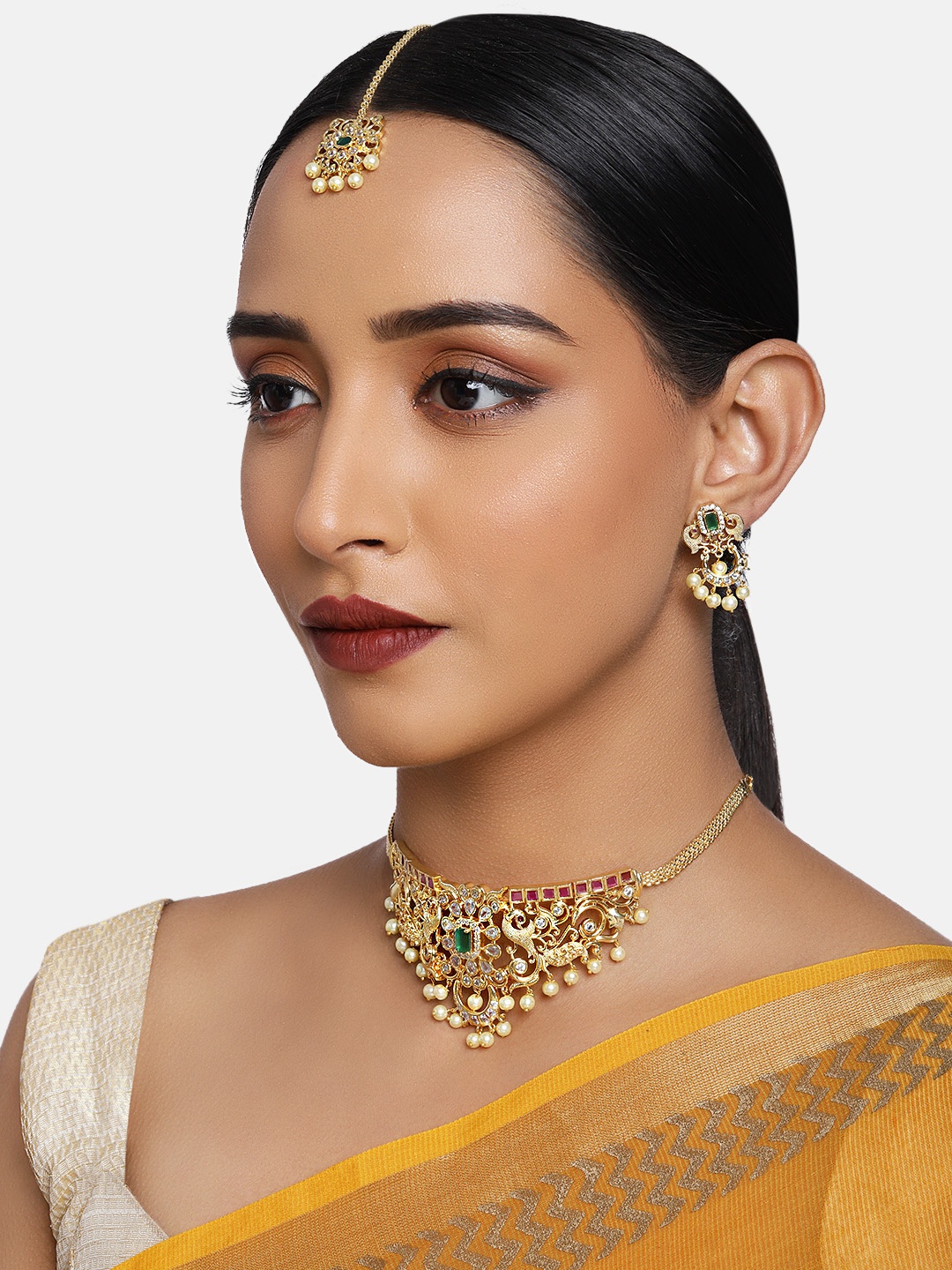 

justpeachy Gold-Plated Studded Temple Jewellery Set