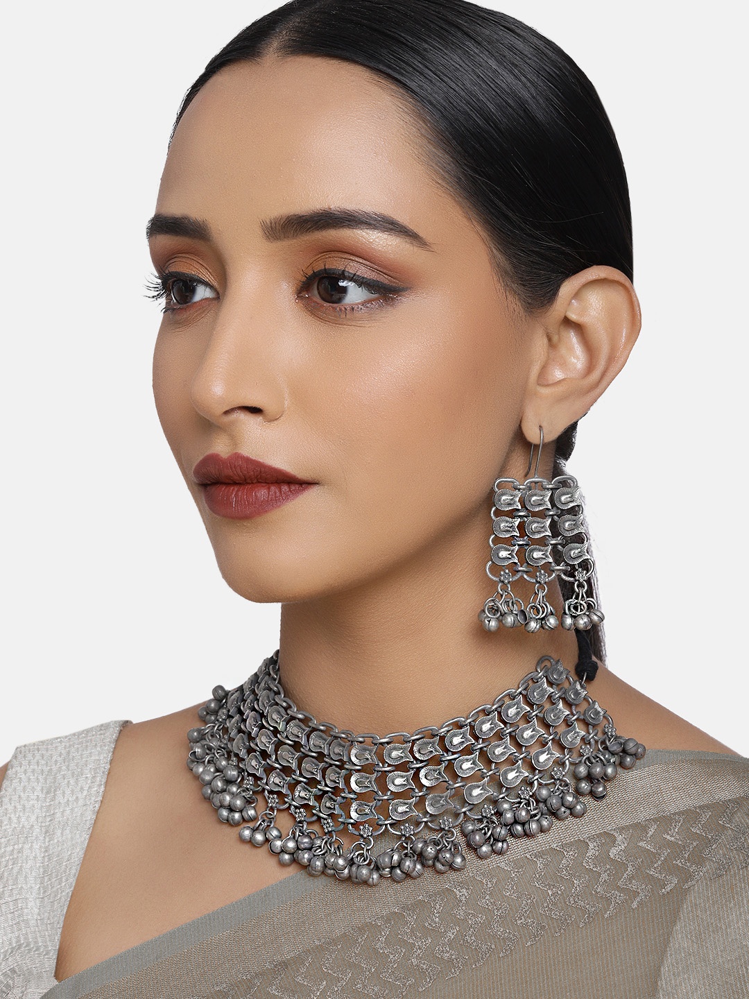 

Justpeachy Silver-Plated Oxidised Choker Necklace Jewellery Set