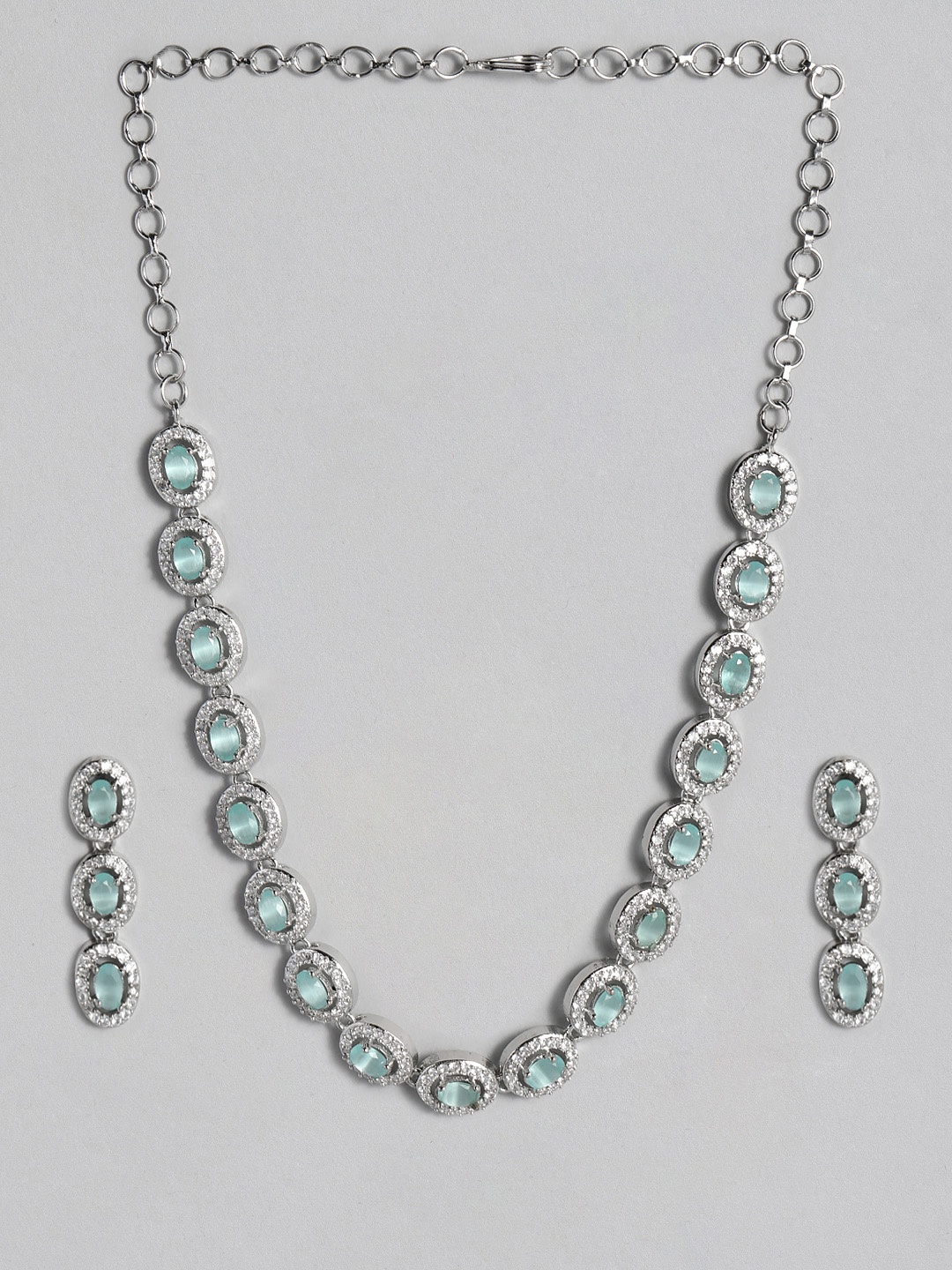 

justpeachy Green & White Rhodium-Plated AD Studded Jewellery Set