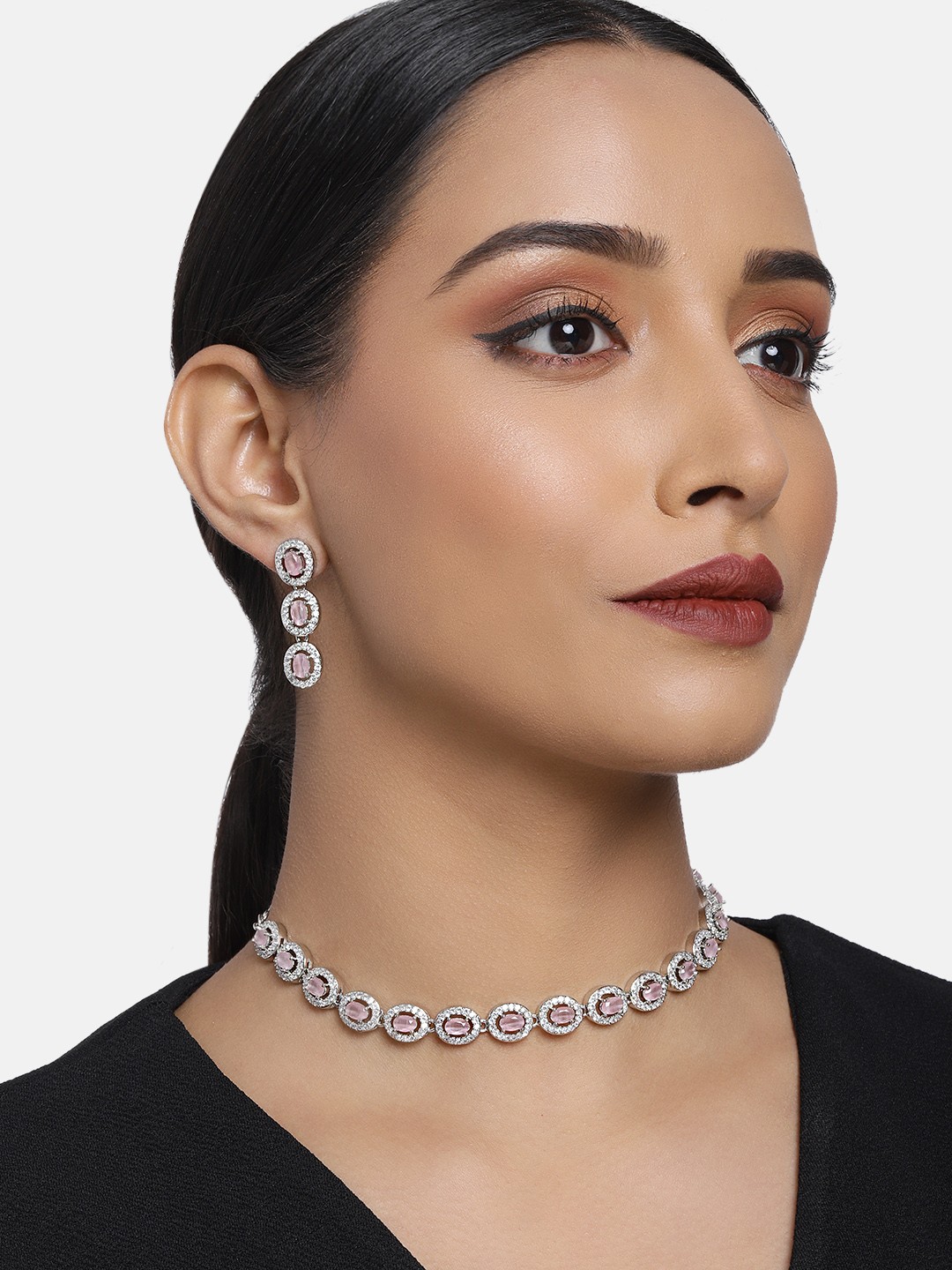 

Justpeachy Pink and White American Diamond Jewellery Set