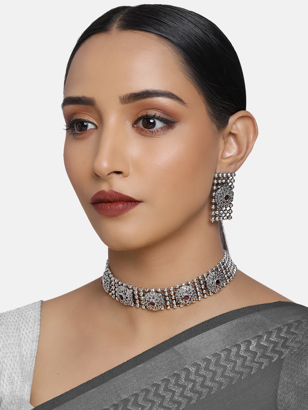 

Justpeachy Silver-Plated Oxidised Choker Necklace Jewellery Set