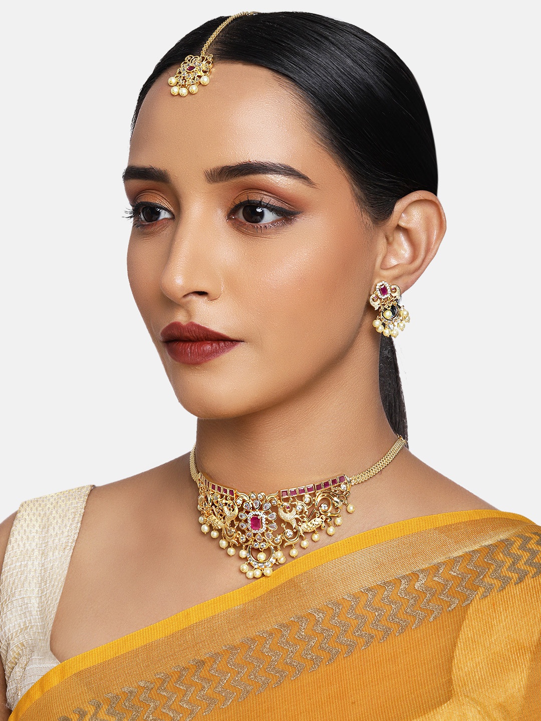 

justpeachy Gold-Plated Pink Studded Temple Jewellery Set