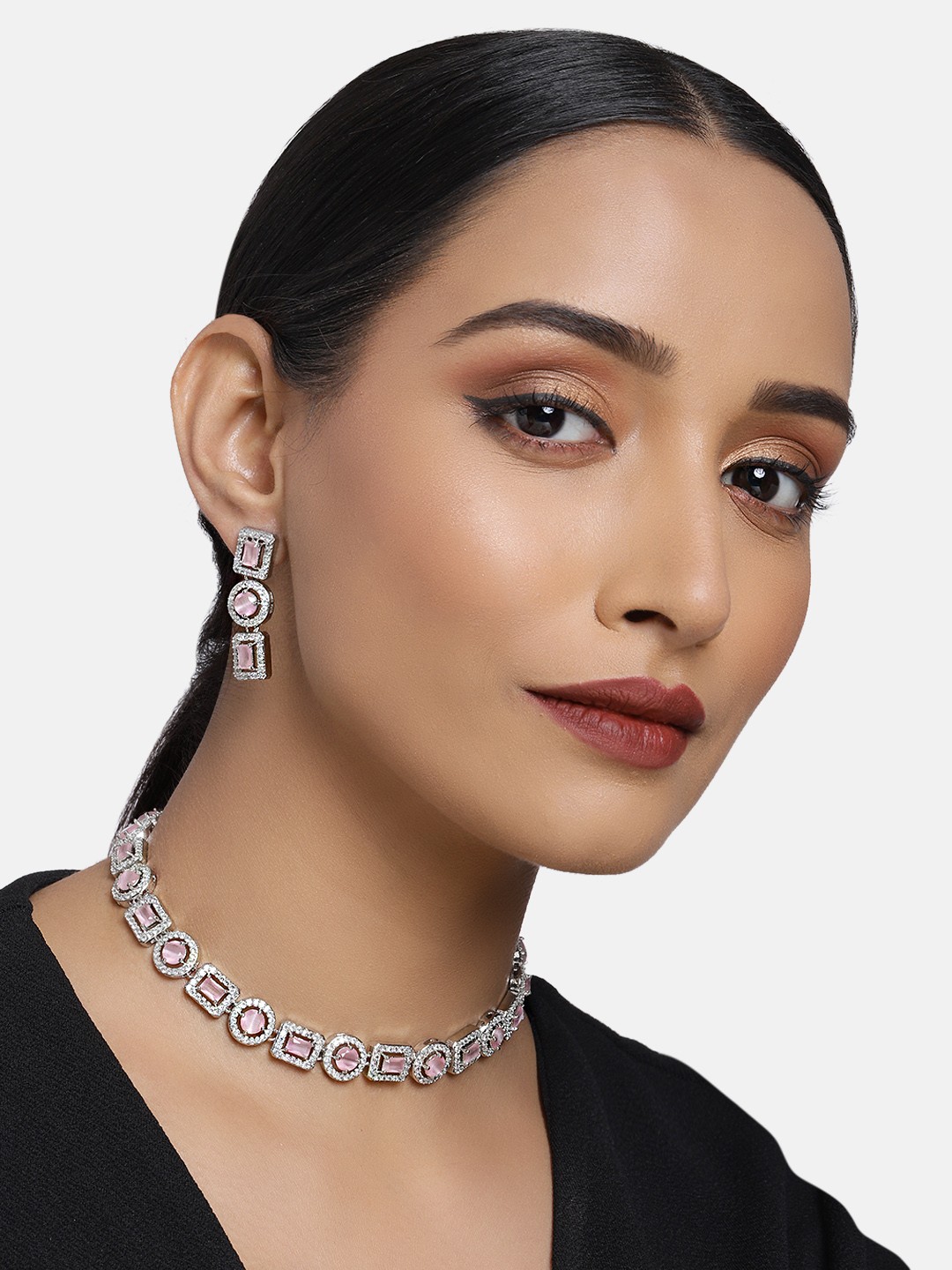 

Justpeachy Pink and White American Diamond Jewellery Set