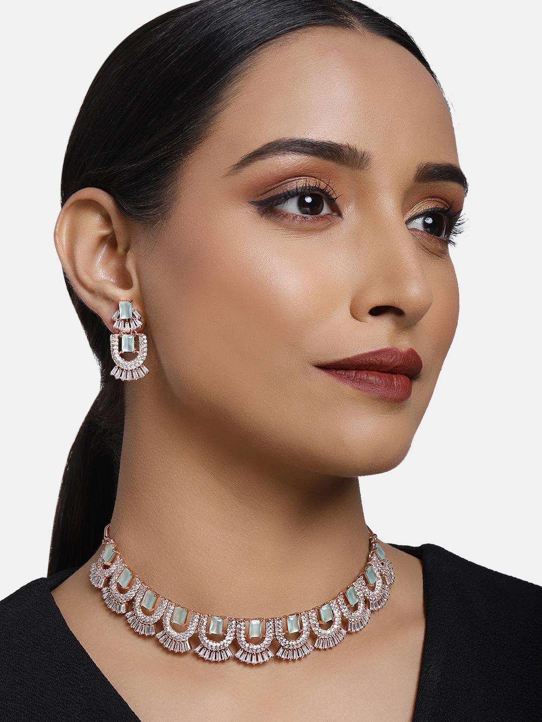 

justpeachy Green Gold-Plated AD Studded Jewellery Set