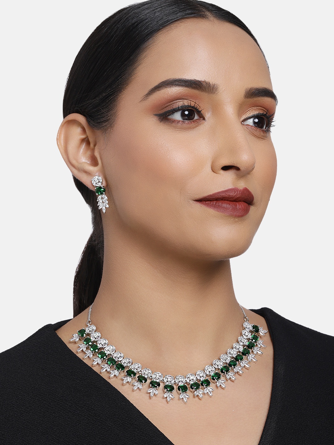 

Justpeachy Green & White American Diamond Jewellery Set