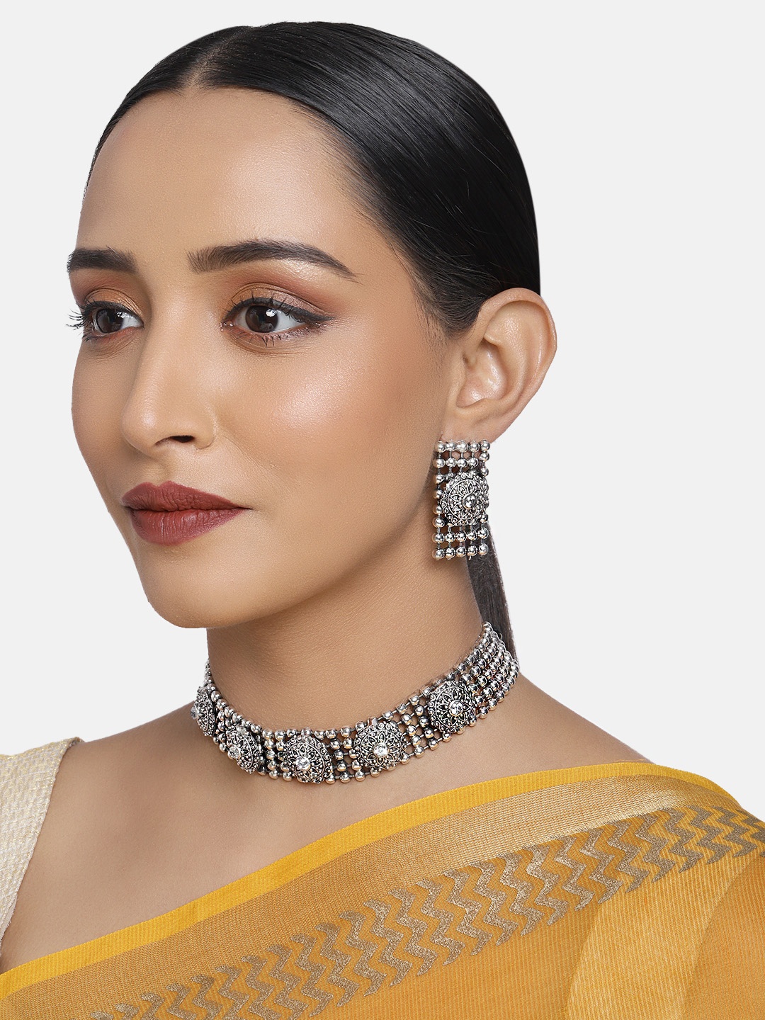 

Justpeachy Silver-Plated Oxidised Choker Necklace Jewellery Set