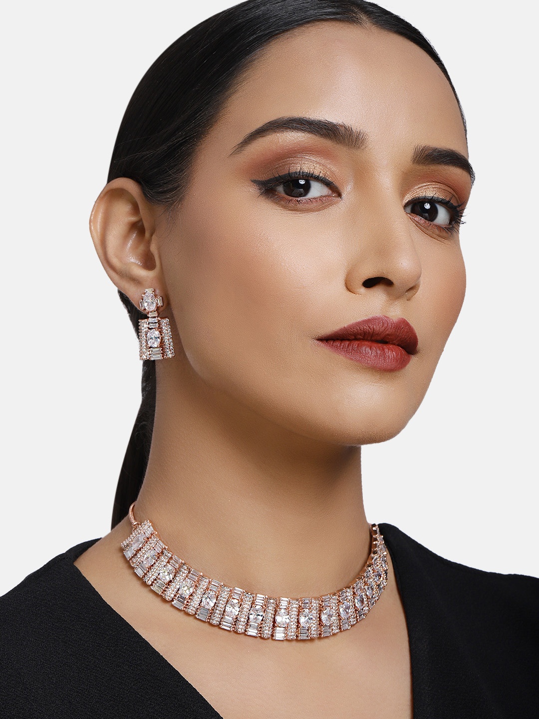 

justpeachy Rose Gold Plated AD Studded Jewellery Set