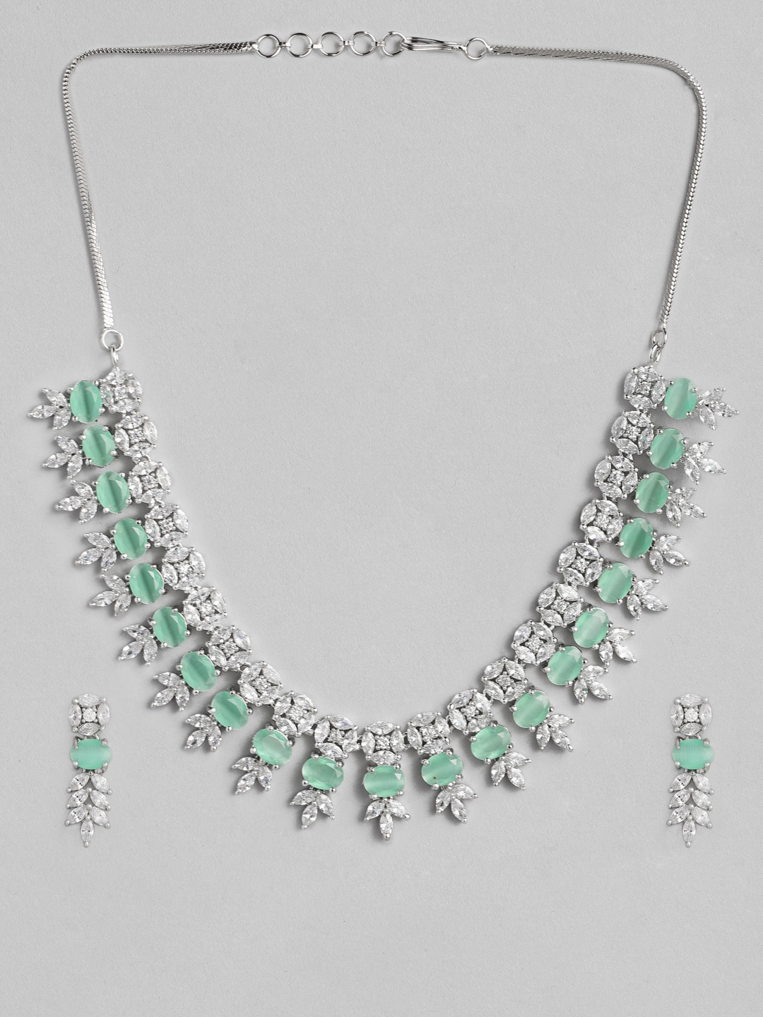 

justpeachy Green & White Rhodium Plated AD Studded Jewellery Set